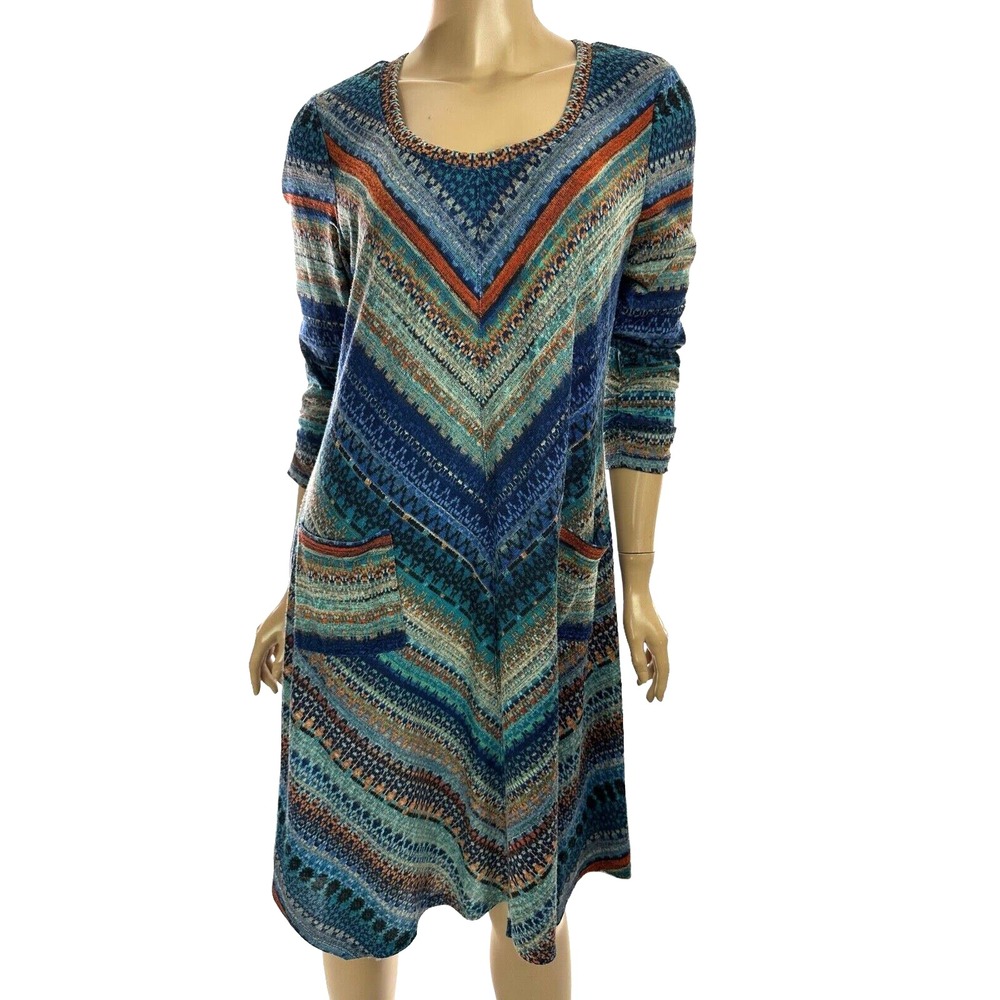 New Directions Sz M Pullover Knit Dress 3/4 Sleeve A-Line Scoop Neck Multi-Color